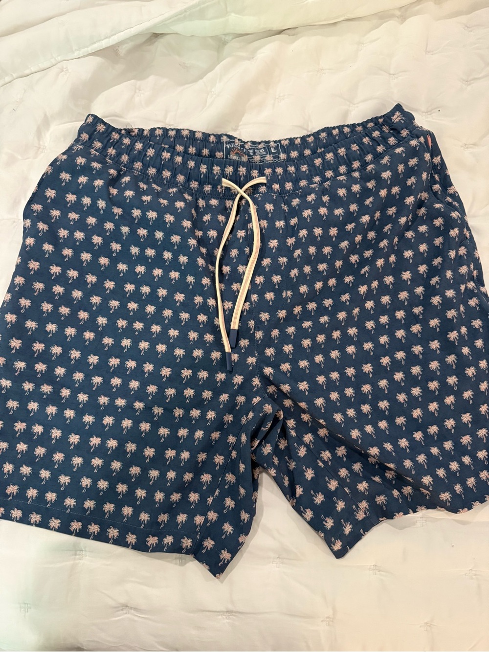 Faherty Navy Swim Trunks with Pink Palm Print